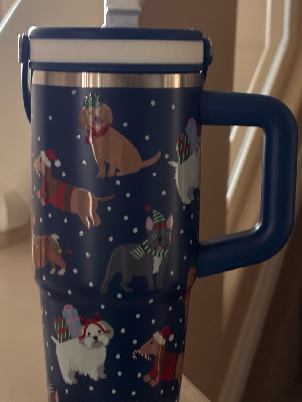 Dog-Themed Navy Travel Mug with Handle - Holiday Pups Design